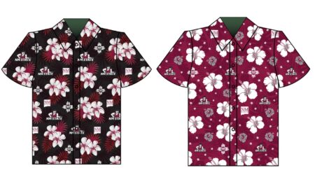 Mock up images of the New Mexico State Hawaiian shirts. One is red, the other is black.